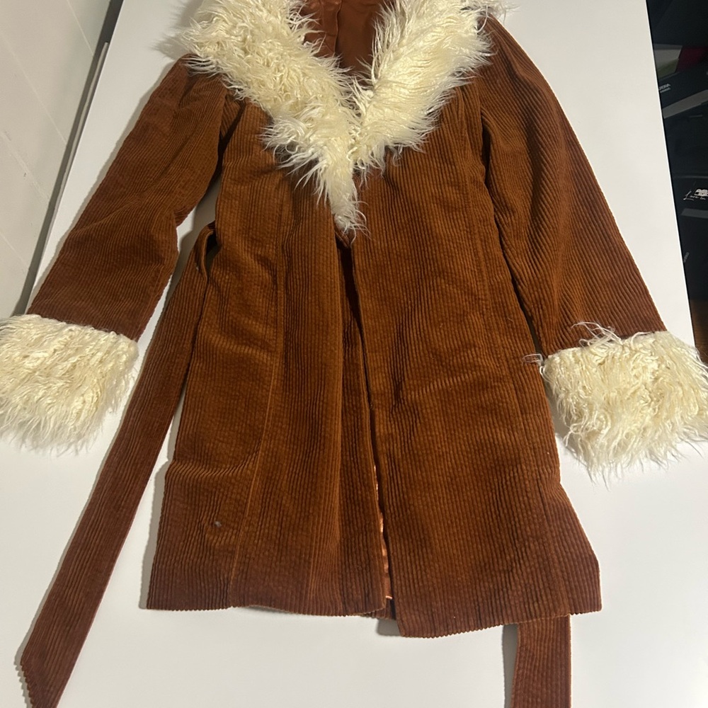 Women's Brown and Cream Faux Fur Trim Coat - Picture 6 of 8